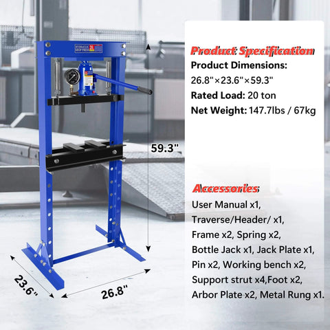 Hydraulic Shop Press, 20 Ton H-Frame Garage Floor Adjustable with Pressure Gauge and Stamping Plates, dimensions labeled