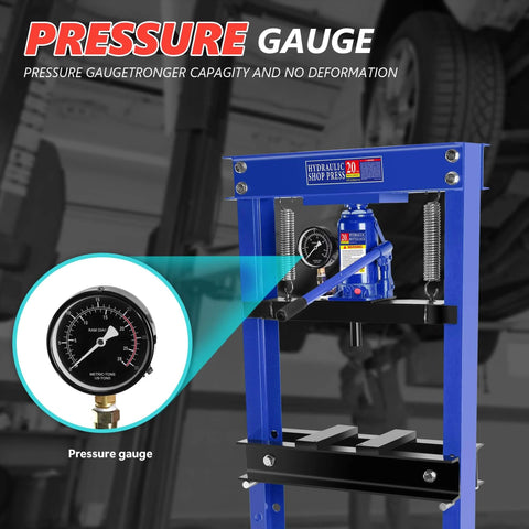 Hydraulic Shop Press, 20 Ton H-Frame with Pressure Gauge for bending, straightening, pressing parts, installing bearings, and U-joints.