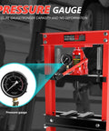 Hydraulic Shop Press, 20 Ton H-Frame, with pressure gauge close-up view, shown in a garage setting for repairs and upgrades.