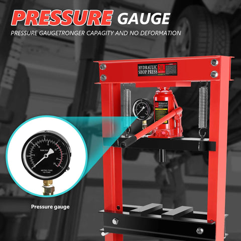 Hydraulic Shop Press, 20 Ton H-Frame, with pressure gauge close-up view, shown in a garage setting for repairs and upgrades.