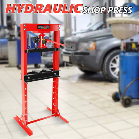 Hydraulic Shop Press, 20 Ton H-Frame Garage Floor Adjustable Shop Bearing Press with Pressure Gauge & Stamping Plates in garage