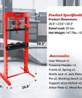 ✝️ Hydraulic Shop Press,20 Ton H-Frame Garage Floor Adjustable Shop Bearing Press with dimensions and accessories listed