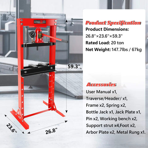 ✝️ Hydraulic Shop Press,20 Ton H-Frame Garage Floor Adjustable Shop Bearing Press with dimensions and accessories listed