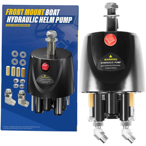 HH5271-3 Hydraulic Steering Helm Pump - 1.7 cu in Front Mount Replacement for Seastar Helm, shown with fittings and label