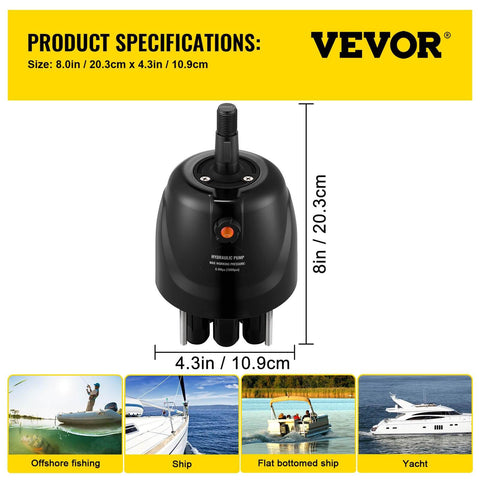 Outboard Hydraulic Steering Pump For Cruisers And Runabouts 300 HP Front Mount Helm HH5271-3 VEVOR, dimensions shown, suitable for boats