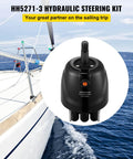 Outboard Hydraulic Steering Pump For Cruisers And Runabouts 300 HP Front Mount Helm HH5271-3 VEVOR Pro Grade Marine Steering System For Center Console Boats And Offshore Rigs Up To 60 MPH displayed above a sailing boat on open water.