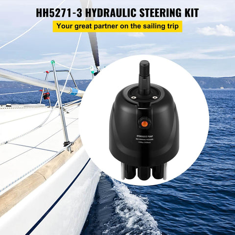 Outboard Hydraulic Steering Pump For Cruisers And Runabouts 300 HP Front Mount Helm HH5271-3 VEVOR Pro Grade Marine Steering System For Center Console Boats And Offshore Rigs Up To 60 MPH displayed above a sailing boat on open water.