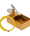 362 PSI Pressure Test Pump, Hydraulic Manual Water Pressure Tester Kit, shown with gauge, yellow hose, and metal box.