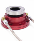 Front view of 1302 Hydraulic Throwout Bearing For T-5 T-56 1300 Series With Swivel Fittings Stainless Lines Bleeder Hard Anodized Billet Aluminum Construction Part Number 1302 Plug And Play Ready By McLeod