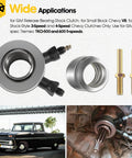 Hydraulic Throwout Bearing For GM Release Bearing Stock Clutch For Small Block Chevy V8 And Most Stock Style Three Speed And Four Speed Chevy Transmissions Tremec Ready Replacement For 91025610 And 91025613, showing kit components including bearing, bolts, and installed view.