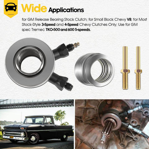 Hydraulic Throwout Bearing For GM Release Bearing Stock Clutch For Small Block Chevy V8 And Most Stock Style Three Speed And Four Speed Chevy Transmissions Tremec Ready Replacement For 91025610 And 91025613, showing kit components including bearing, bolts, and installed view.