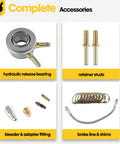 Dope Hydraulic Throwout Bearing Kit For T5 Transmissions Not Ford Fits OEM Clutch Replaces 82876 82870 Includes One Eighth Inch NPT Bleeder Four AN Male To One Eighth NPT Female Adapter And Twelve Inch Hose Style Borg Warner GM T5 components including hydraulic release bearing, adapter fittings, and shims.