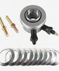 Hydraulic Throwout Bearing For GM Release Bearing Stock Clutch For Small Block Chevy V8 And Most Stock Style Three Speed And Four Speed Chevy Transmissions Tremec Ready Replacement For 91025610 And 91025613; steel bearing kit with washers and fittings on white background.
