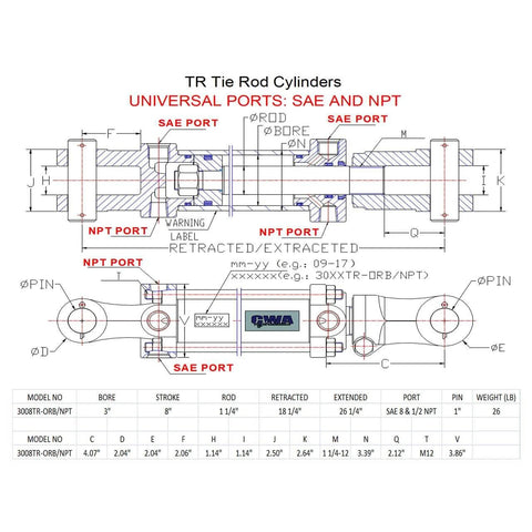 Technical drawing of TR Tie Rod Hydraulic Cylinder with SAE and NPT ports, measurements for 3" bore, 8" stroke, 1 1/4" rod.