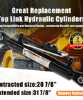 Hydraulic Top Link Cat. 1-1 with Locking Block Min. 20 7/8”→ Max. 31 7/8” with 2 x Hoses Stroke, shown against machinery background.