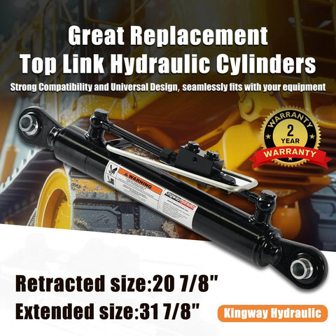 Hydraulic Top Link Cat. 1-1 with Locking Block Min. 20 7/8”→ Max. 31 7/8” with 2 x Hoses Stroke, shown against machinery background.