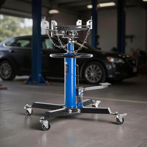 Heavy Duty Transmission Jack Lift With 1100 Lbs Capacity, 33 To 67 Inch Hydraulic Telescoping Stand in garage setting