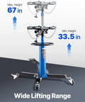 Heavy Duty Transmission Jack Lift With 1100 Lbs Capacity, 33 To 67 Inch Hydraulic Telescoping Stand, shown at max and min height