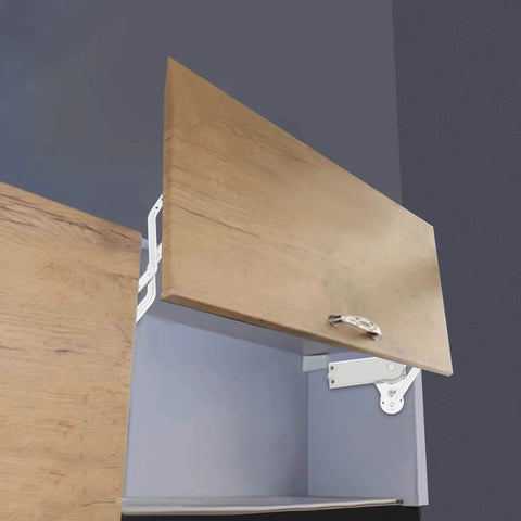 Hydraulic Buffer Cabinet Door Hinges showing vertical swing lift on wood cabinet, adjustable pneumatic arm for 7.7-8.8lbs doors.