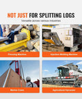 Collage of Hydraulic Wood Log Splitter Pump used in pressing, injection molding, marine crane, and agricultural harvester.