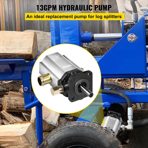 Bestauto Hydraulic Wood Splitter Pump 3000 PSI 2 Stage Log Splitter Pump 13 GPM shown installed on blue log splitter next to wood.