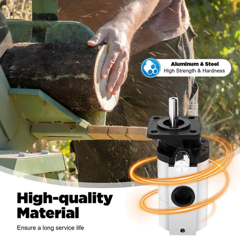 Hydraulic Wood Splitter Pump 16 GPM 2 Stage Powerful Hydraulic Pump, Hi Low Displacement Gear Pump 3600RPM Wood Splitter Pumps Log Splitter shown splitting a log, aluminum and steel materials visible.