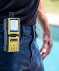 Hydrogen Gas Analyzer with Built-In Pump for Ultra Fast Detection 0 to 1000ppm Range attached to belt, showing color display.