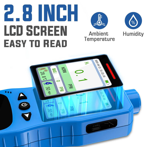 Hydrogen Gas Detector With 0 To 1000 Ppm Range Real Time H2 Monitor showing 2.8 inch LCD screen with temperature and humidity display.