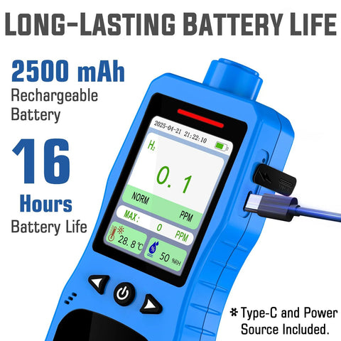 Hydrogen Gas Detector With 0 To 1000 Ppm Range Real Time H2 Monitor showing battery life and charging port.