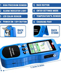 Hydrogen Gas Detector With 0 To 1000 Ppm Range Real Time H2 Monitor buttons, screen, back clip, and dimensions shown on device.
