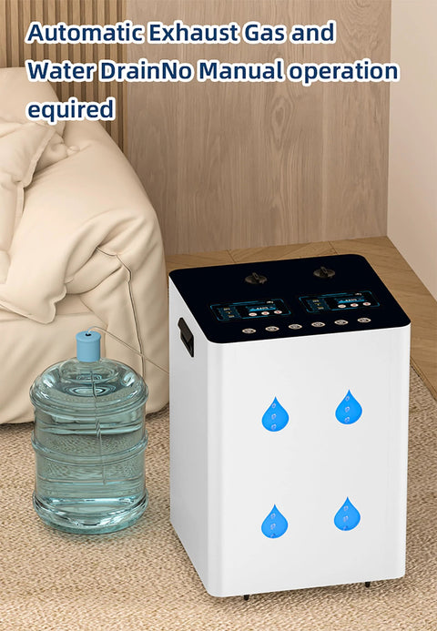 High-purity hydrogen generator with automatic exhaust gas and water drain system for wellness and efficiency.
