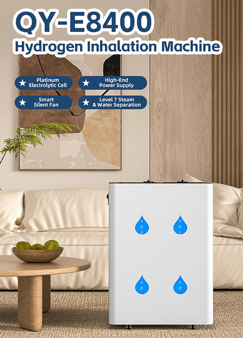 QY-E8400 high-purity hydrogen generator with four water drop icons on white body, promoting wellness and inhalation.