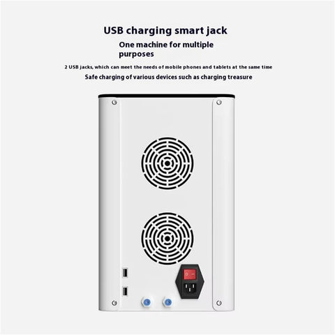 Back view of Hydrogen Inhalation Machine With 99 Point 99 Percent Purity H2 Electrolysis Tech showing USB charging ports and cooling vents.