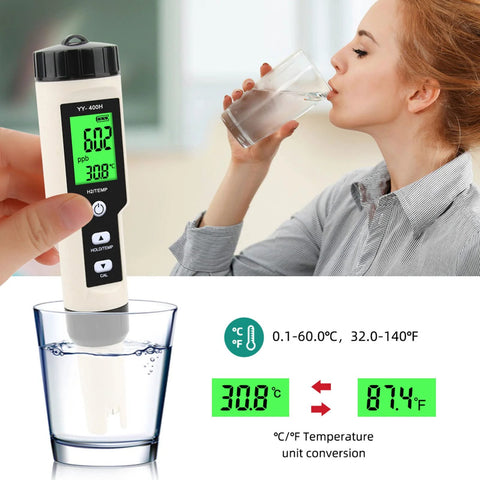 Digital Hydrogen Meter Water Quality Tester with ATC and Data Hold function for drinking water and temperature conversion.