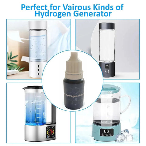 Four hydrogen generators with a center bottle of Precise Dissolved Hydrogen Test Reagent With Blue Indicator in a collage.