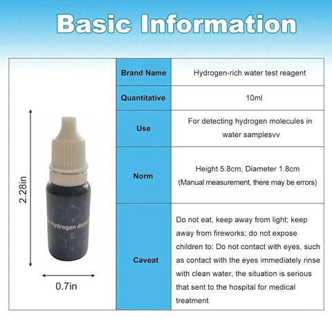 Precise Dissolved Hydrogen Test Reagent With Blue Indicator, 10ml H2Blue bottle, product information and dimensions.