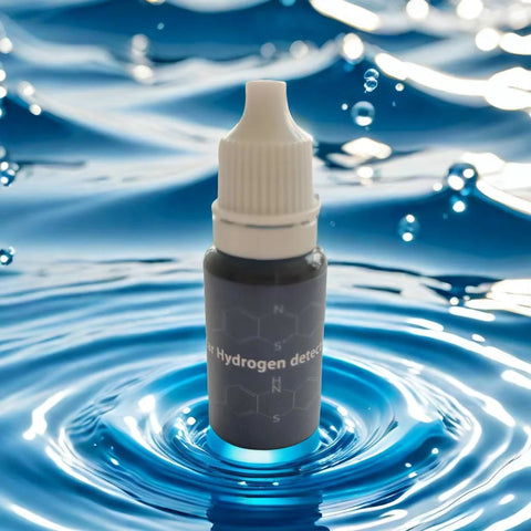 Precise Dissolved Hydrogen Test Reagent with Blue Indicator bottle on water background for home and lab use