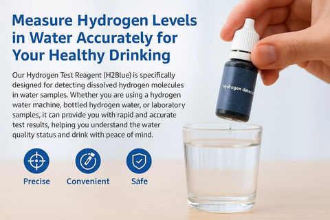 Person using Precise Dissolved Hydrogen Test Reagent with blue indicator in water to check hydrogen levels, H2Blue bottle visible