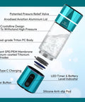 Exploded view of portable hydrogen water bottle generator with SPE PEM membrane, anodised lid, and digital timer.