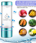 Hydrogen Water Bottle Generator For Enhanced Hydration At Home Or On The Go Dual Chamber SPE PEM Technology shown with fruit comparison chart