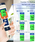 Hand holding hydrogen water tester kit measuring pH, ORP, H2, and temperature on display