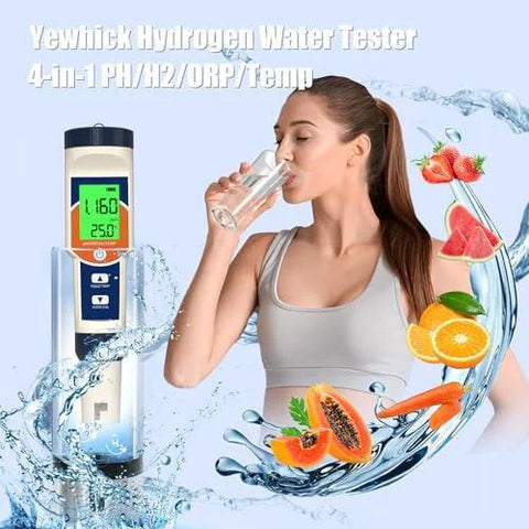 Woman using hydrogen water tester kit to measure water quality with pH, H2, ORP, and temperature readings, surrounded by fresh fruits.