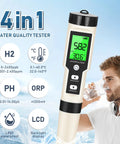 Hydrogen Water Tester 4 In 1 PH H2 ORP And Temp PH Meter ORP Meter, handheld with backlight display, measuring water quality.