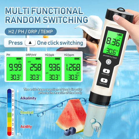 Hydrogen Water Tester 4 In 1 PH H2 ORP And Temp PH Meter ORP Meter with digital display, showing readings in water.