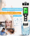 Hydrogen Water Tester 4 In 1 PH H2 ORP And Temp PH Meter ORP Meter in glass with display showing readings, features icons visible.