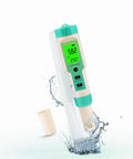 Portable hydrogen water tester measuring pH, ORP, H2, and temperature with water splash effect.