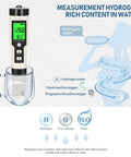 Hydrogen Water Tester 4 In 1 PH H2 ORP And Temp PH Meter with digital display in a glass of water illustrating hydrogen content measurement
