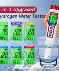All In One Hydrogen Water Tester with Digital ORP Meter testing water, displaying 6-in-1 features for accurate measurements