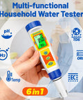 Hand holding Hydrogen Water Tester 6 In 1 With pH ORP TDS EC Temperature Meter, displaying digital screen and icons in background