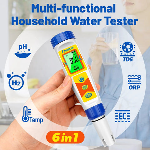 Hand holding Hydrogen Water Tester 6 In 1 With pH ORP TDS EC Temperature Meter, displaying digital screen and icons in background